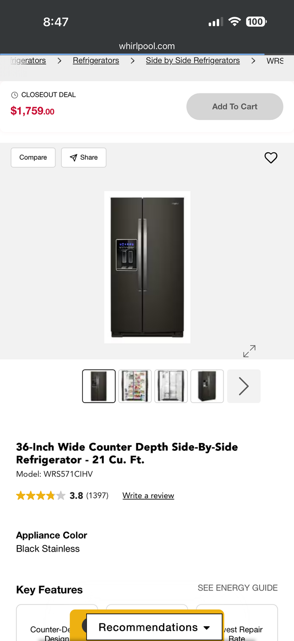 NEW 21 Cu. Ft. Counter-Depth Black Stainless Whirlpool Side-By-Side Refrigerator - Scratch & Dent